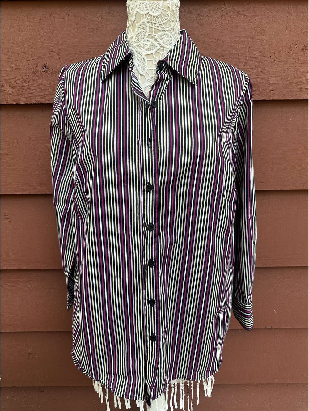 Roaman's Vintage Striped Button Up Shirt Purple White Retro